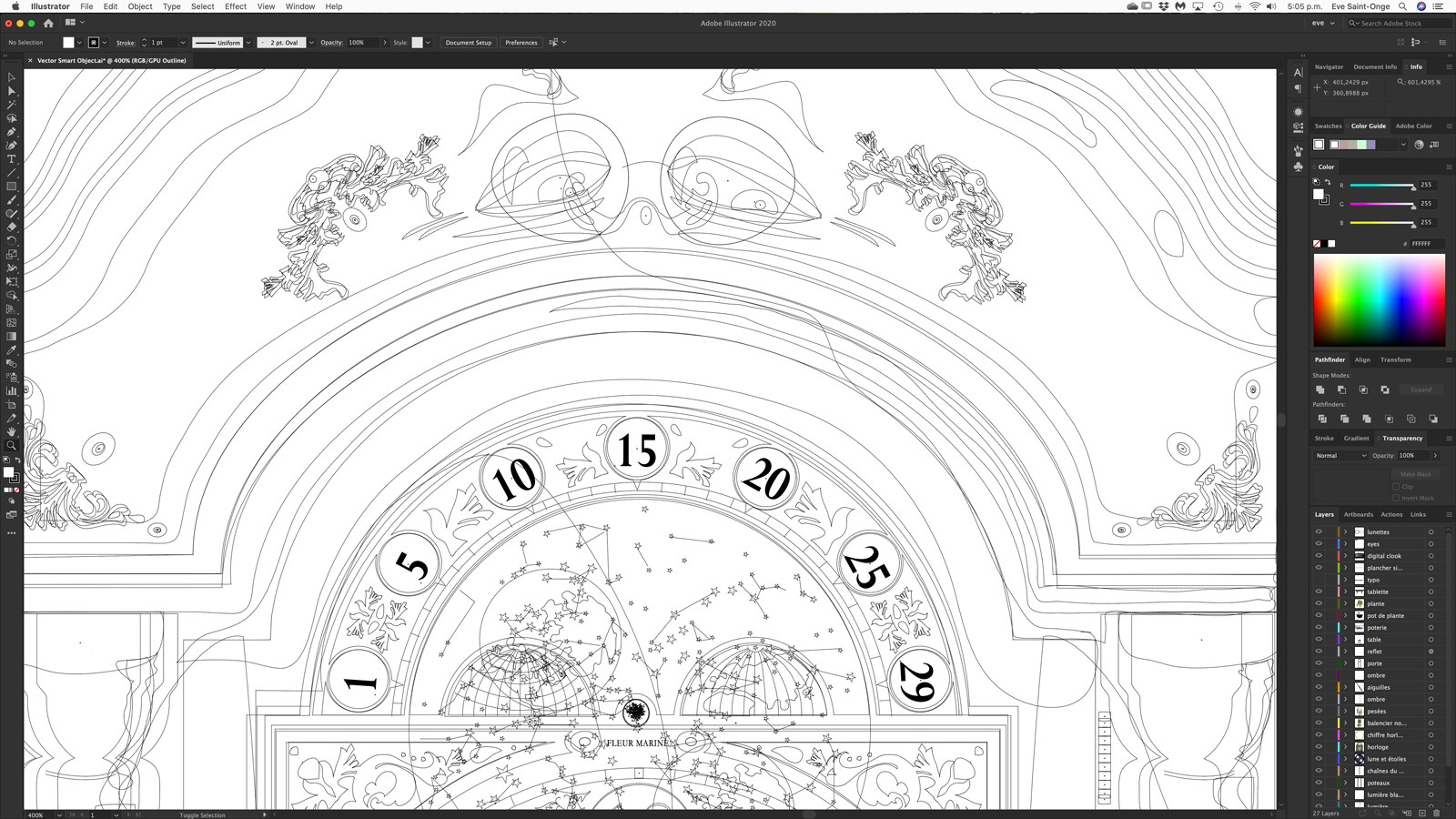 Détail vectoriel de l'illustration du Choc des Générations de Fleur marine où on voit le haut de l'horloge Grand-Père ses yeux et le calendrier lunaire dans Photoshop