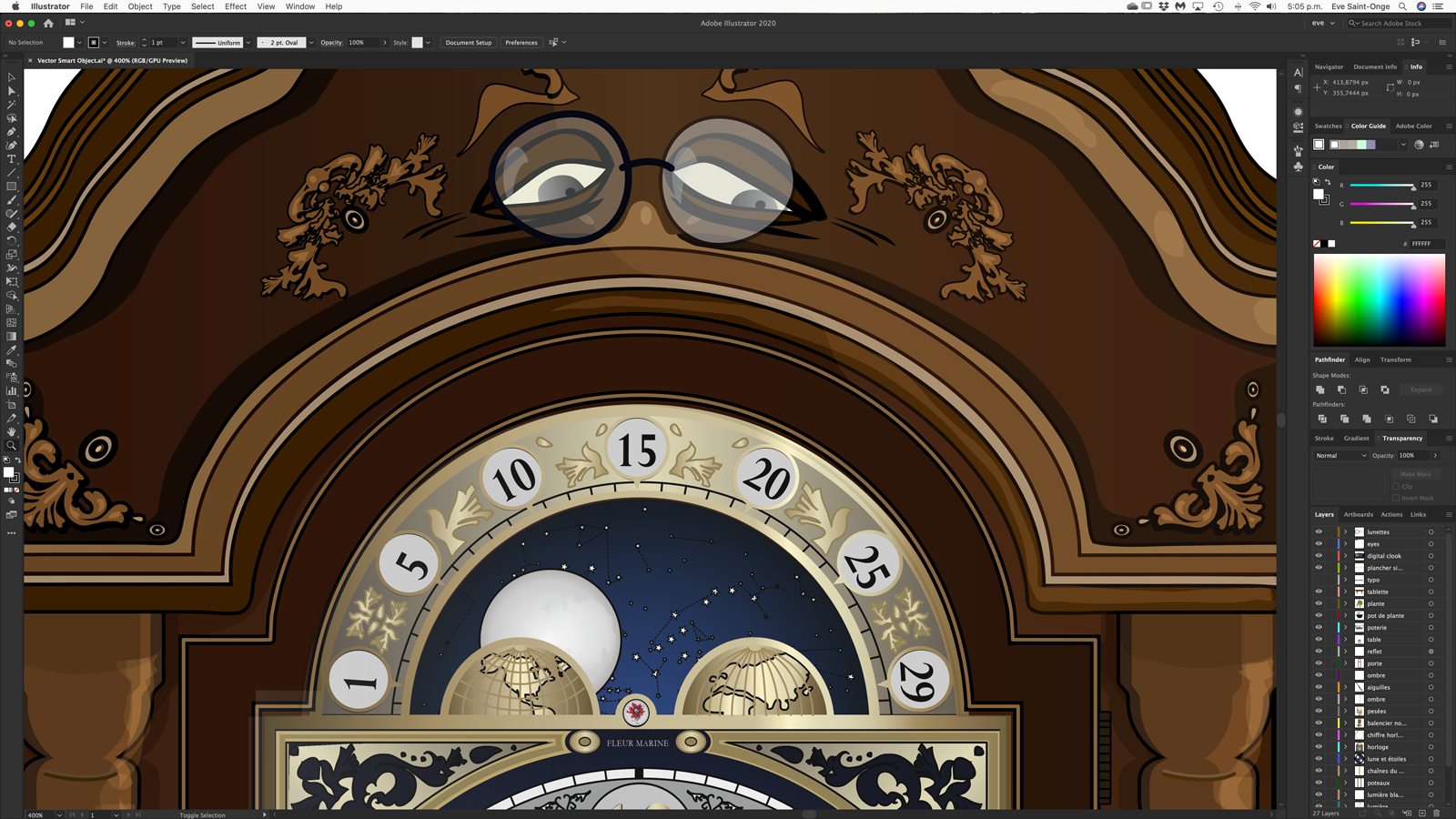 Détail de l'illustration du Choc des Générations de Fleur marine où on voit le haut de l'horloge Grand-Père ses yeux et le calendrier lunaire dans Photoshop