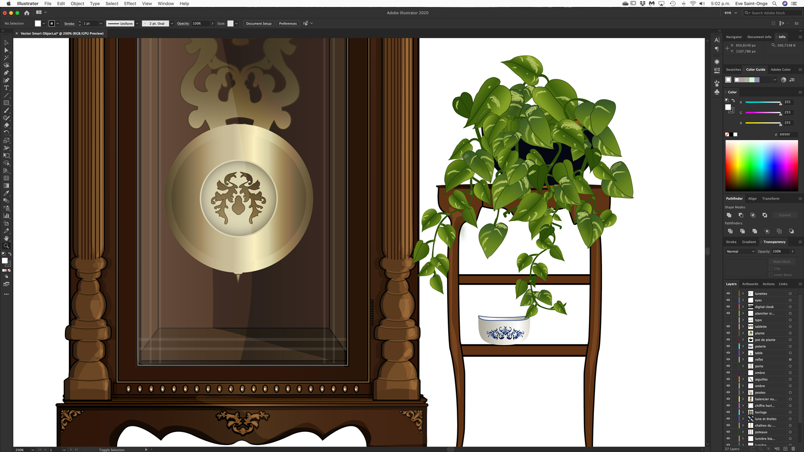 Détail de l'illustration du Choc des Générations de Fleur marine où on voit le bas de l'horloge Grand-Père avec son pendule, une plante verte sur un banc de bois avec un petit pot en céramique bleu et blanc dans Photoshop