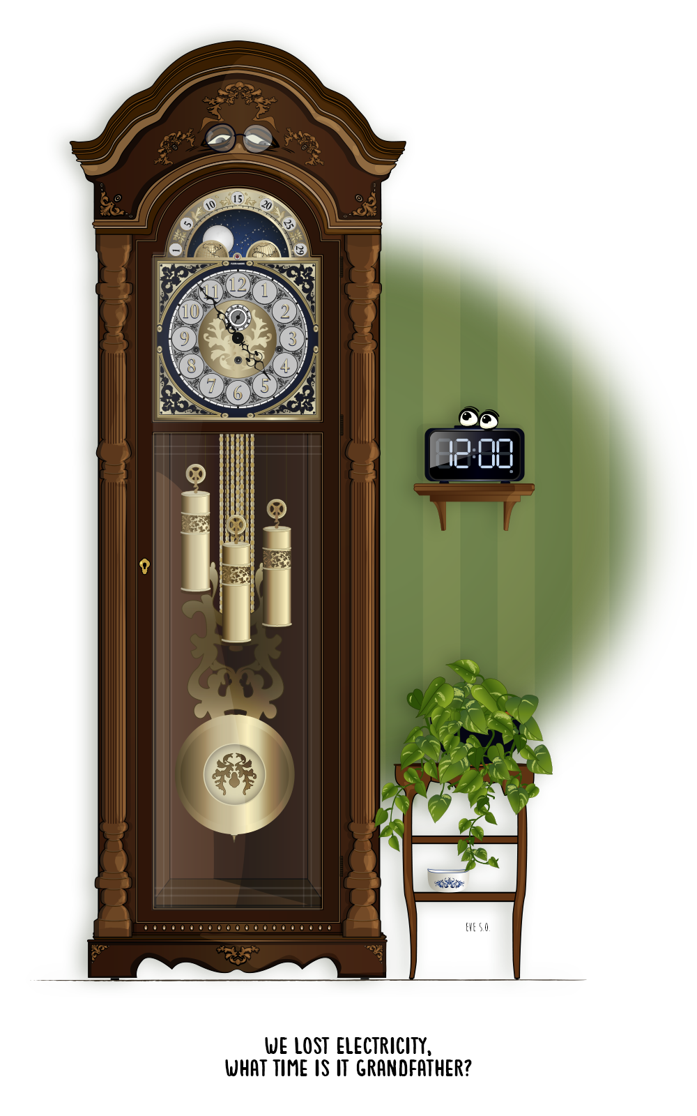 horloge Grand-père avec le calendrier lunaire et ses constellations avec ses pesées et pendule à côté d'un cadran numérique sur une tablette au dessus une d'une plante sur un banc - Grandfather clock