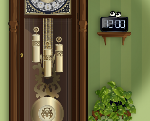 Vignette de l'oeuvre le Choc des Générations réalisé par Fleur Marine mettant en valeur un détail pour inciter à consulter l'item du portefolio - Grandfather clock detail